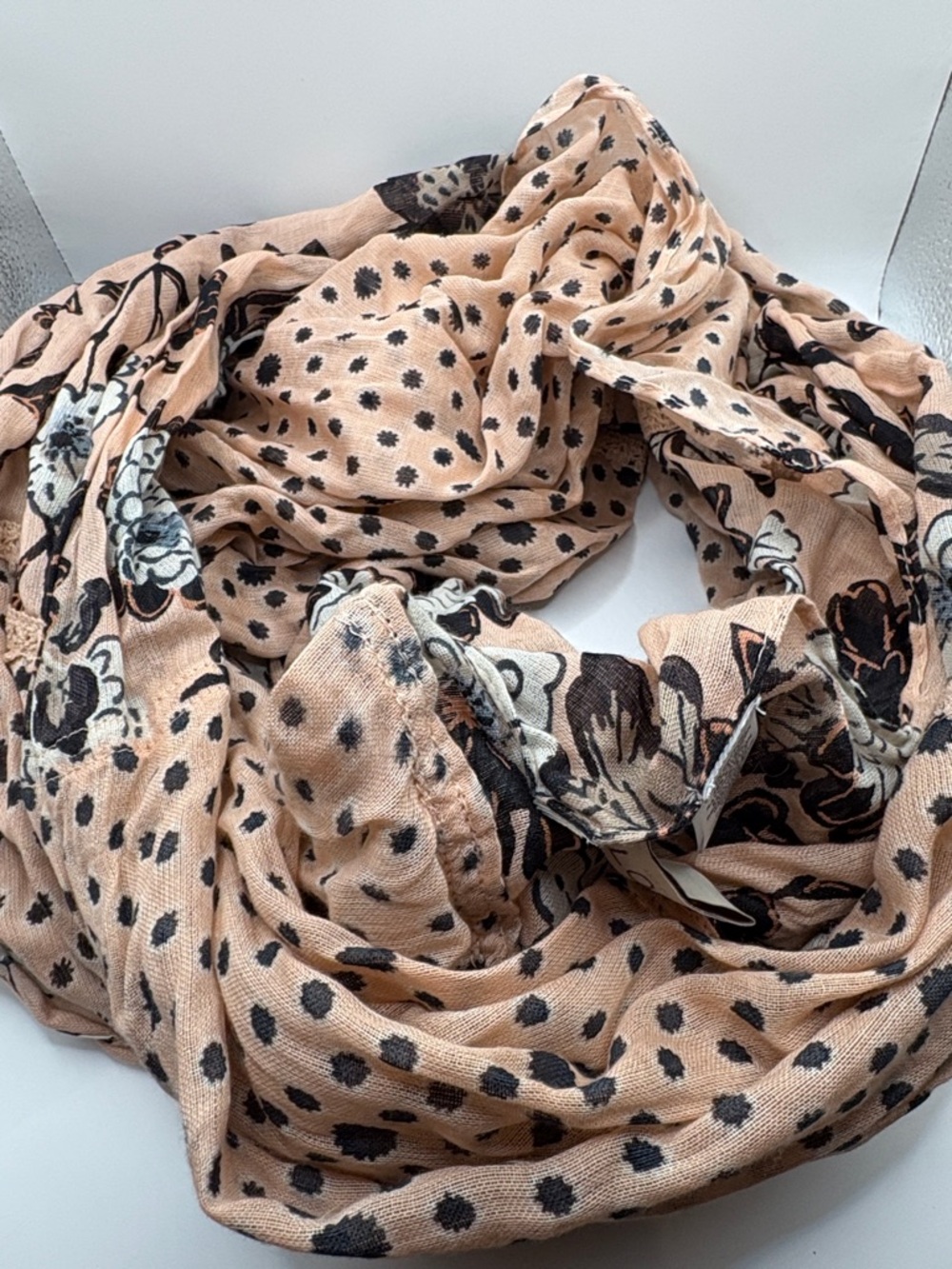 LOFT Peach Floral & Black Dot Lightweight Women's Scarf 64” round